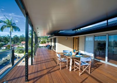 Outdoor awning roof on timber deck